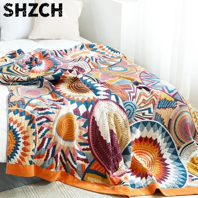 Bohemian Geometric Sun Jacquard Throw Blanket Vibrant Tribal Pattern Reversible Cotton Quilt Colorful Mandala Print Bedspread