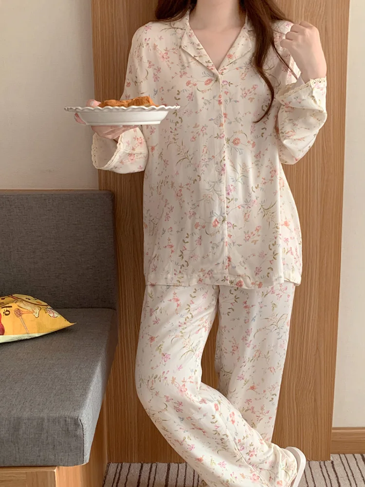 Sweet Print Flowers Korean Style Soft Floral Autumn Long Sleeve Pajama Set Women Loose Elegant Casual Comfortable Sleepwear Ins