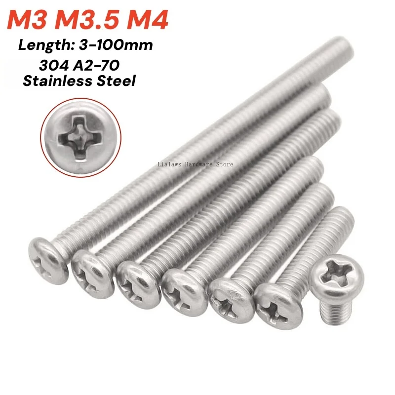 M3 M3.5 M4 304 A2-70 Stainless Steel Phillips Pan Head Screw GB818 Cross Recess Round Head Bolt Machine Screws Small Fasteners