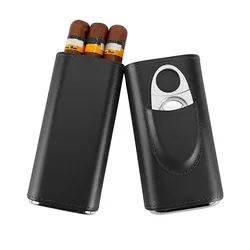 FOCUS-Three-Finger Portable Cigar Humidor, Leather Case with Silver Cigar Cutter, Brown and Black, Two Choices Cowhide Material