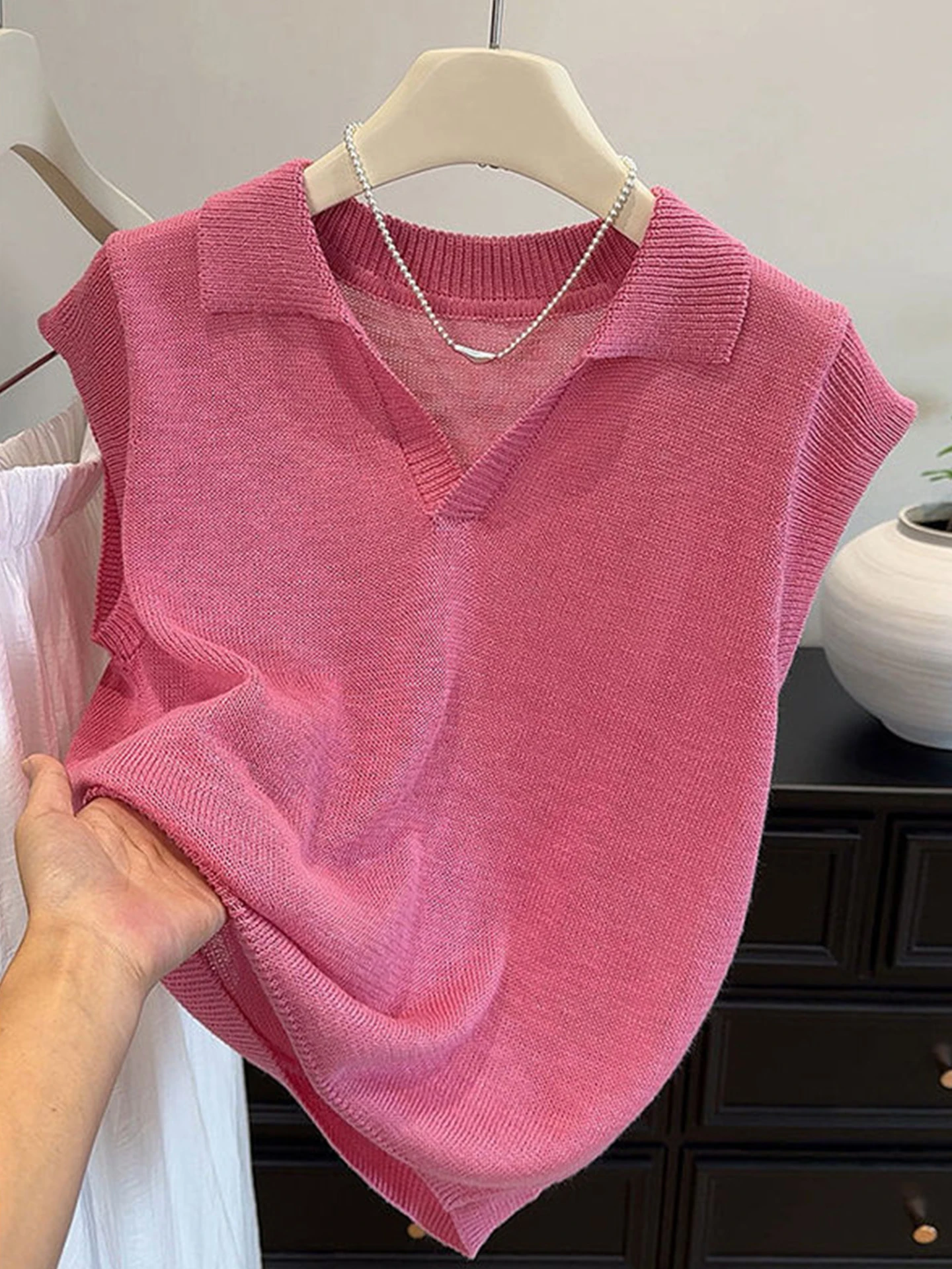 

Pure Color Knitted Top Summer 2025 Casual ort Sve Pullover Unique Collar Lazy Sle Age Reduction Faion Korean Version