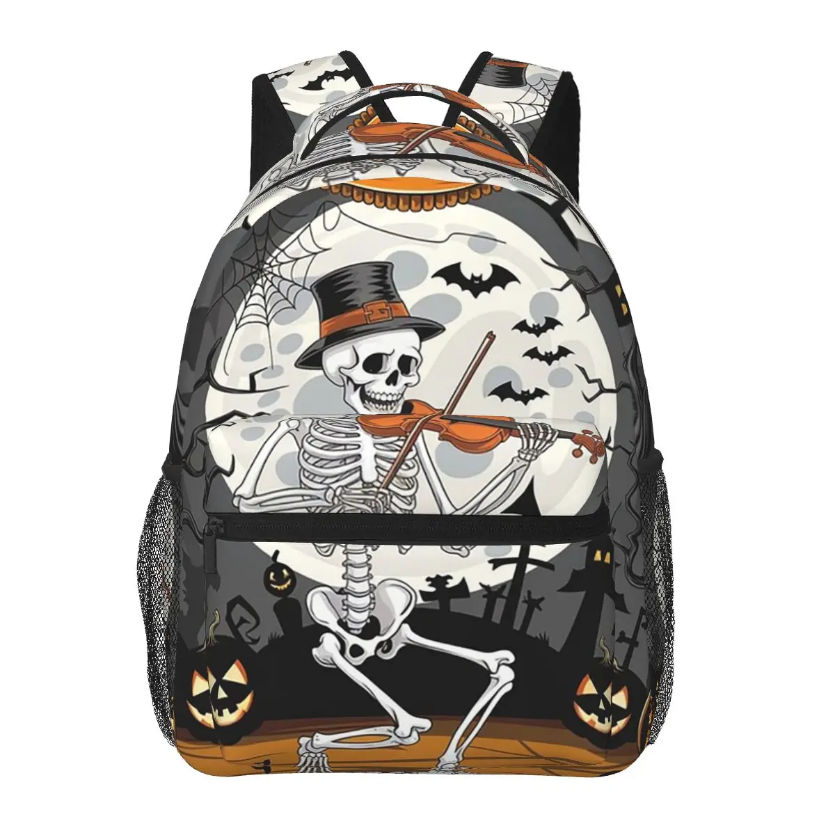 Skeleton Playing Violin Halloween Student Backpack School Bag Hiking Travel Daypack for Boys Girls Fashion Bookbag Shoulder Bags