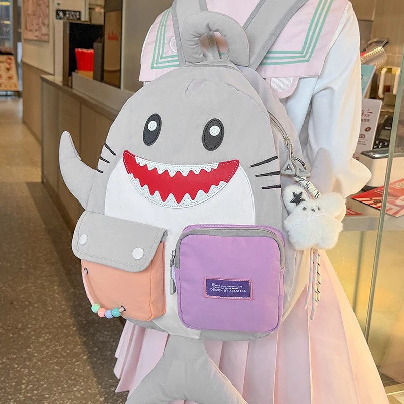 Niche Funny Color-blocked 3D Shark Backpack Large Capacity Multi-pocket Travel Backpack Casual Creative Student School Bag