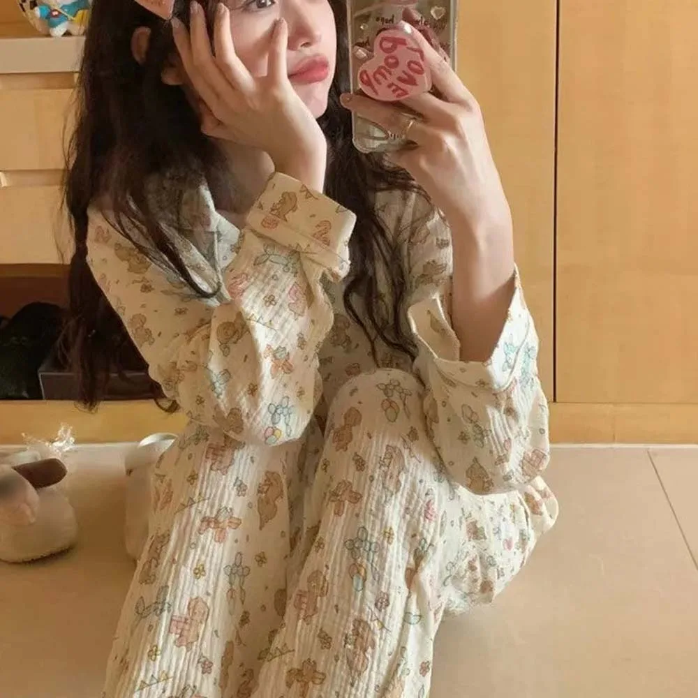 Cute Long Sleeves Women Bear Pajamas Trousers Cat Dog Bear Cartoon Printed Sleepwear Homewear Kawaii Cartoon Nightwear Set Daily