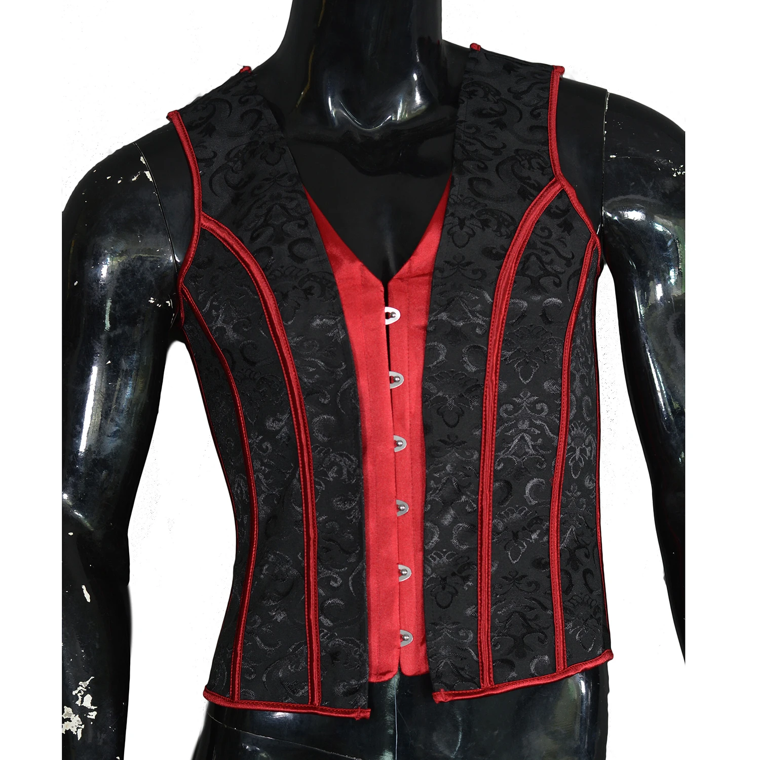 Corset Vest Tight Fitting For Men Wine Red Jacquard Vintage Waistcost Tummy Control Shaping Tops V Neck Buckles Costume