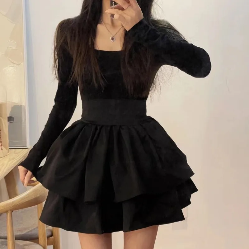 

Hepburn Style Women's 2024 Spring Lolita Pure Desire Retro Waistband Pullover Square Neck Solid Color Tie Casual Fluffy Dress