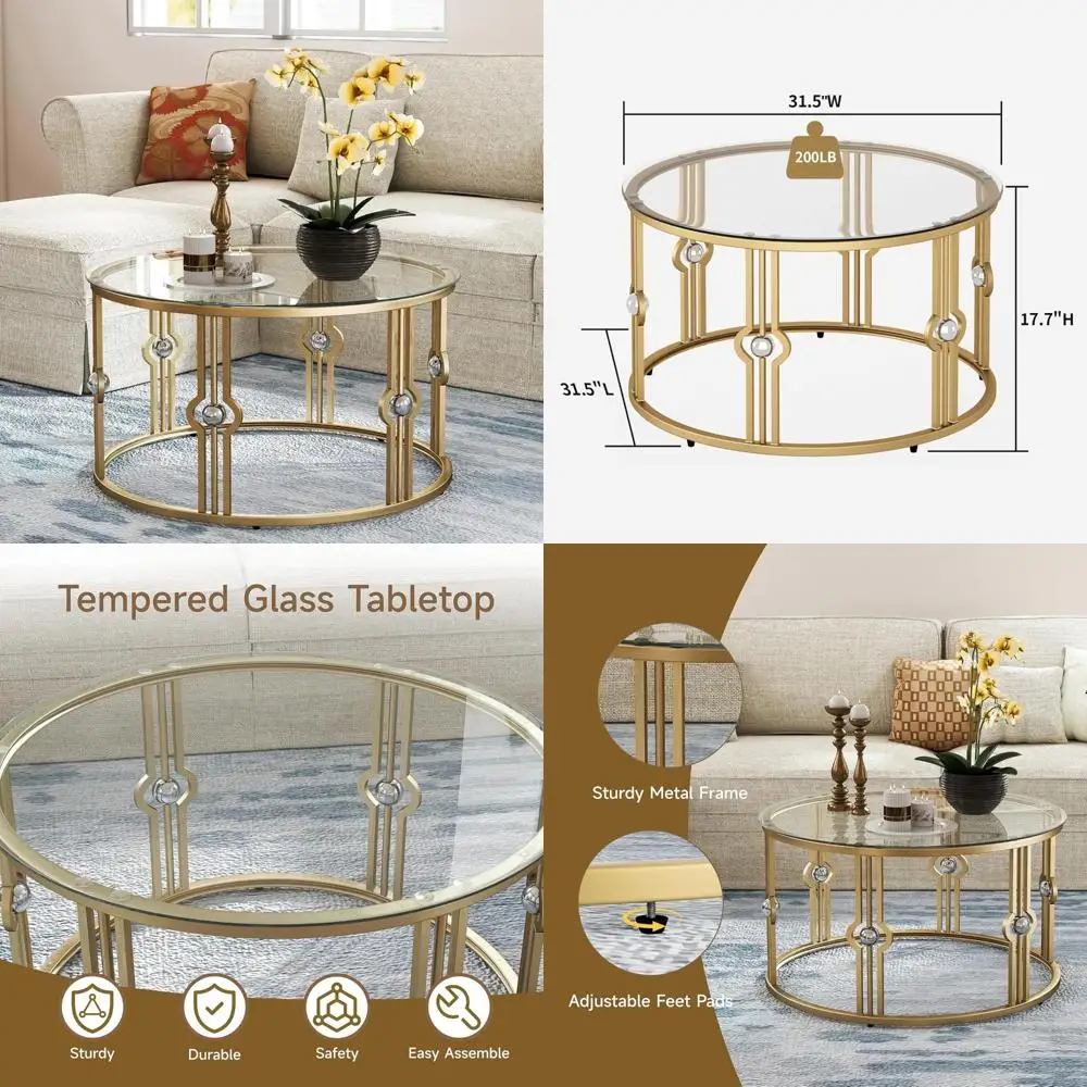 Round Tempered Glass Coffee Table - Gold Accents for Living Room and Office Use