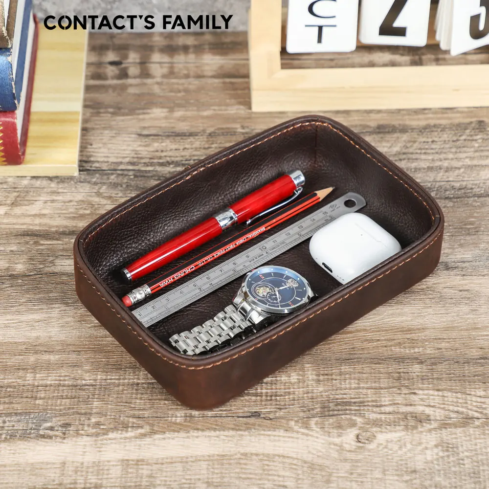 Genuine Top Full Grain Leather Valet Tray Handmade Desktop Storage Tray Catchall Tray for Watch Key Pen Cowhide Desk Organizer