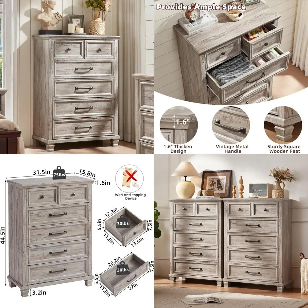 Vintage 45 Tall 6-Drawer Farmhouse Style Wood Dresser with Square Legs for Bedroom