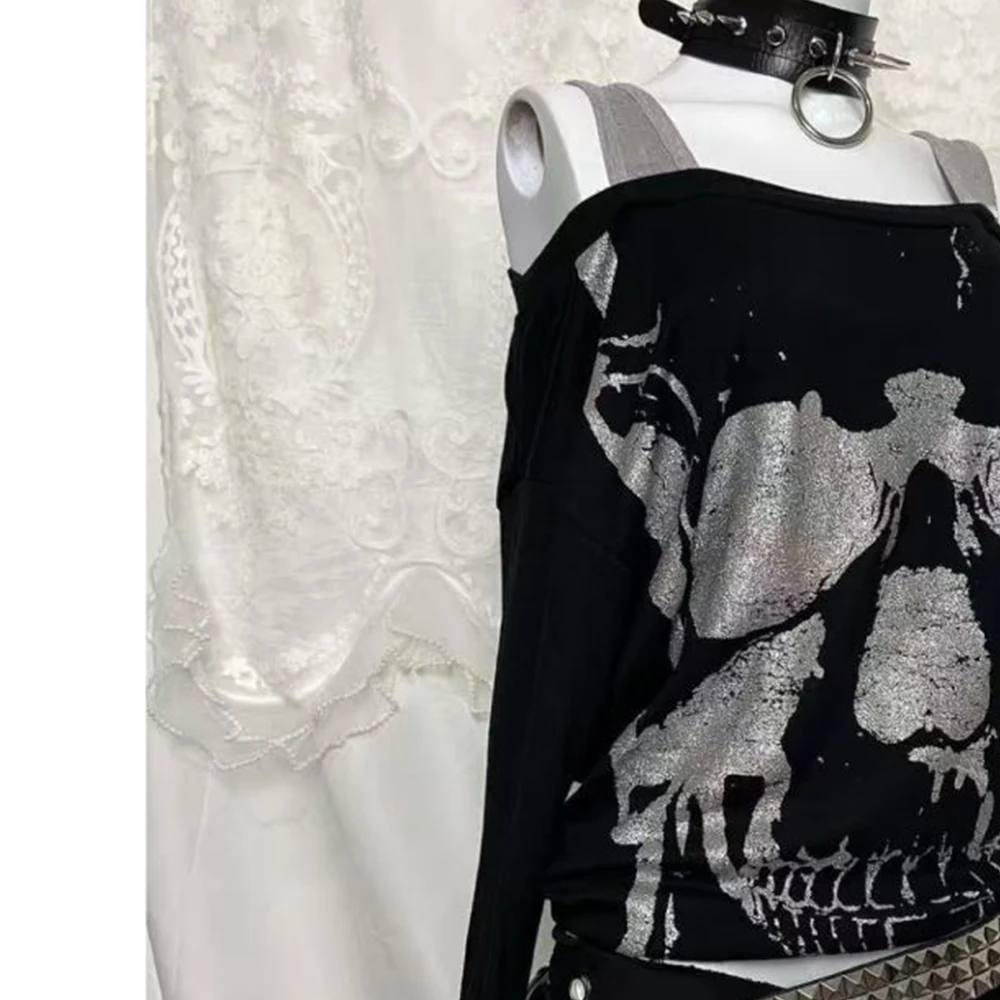 Y2K Fake Two-Piece Retro Top Streetwear Diagonal Collar Skull Print Off Shoulder Gothic Punk T-Shirt Women's Aesthetic Harajuku