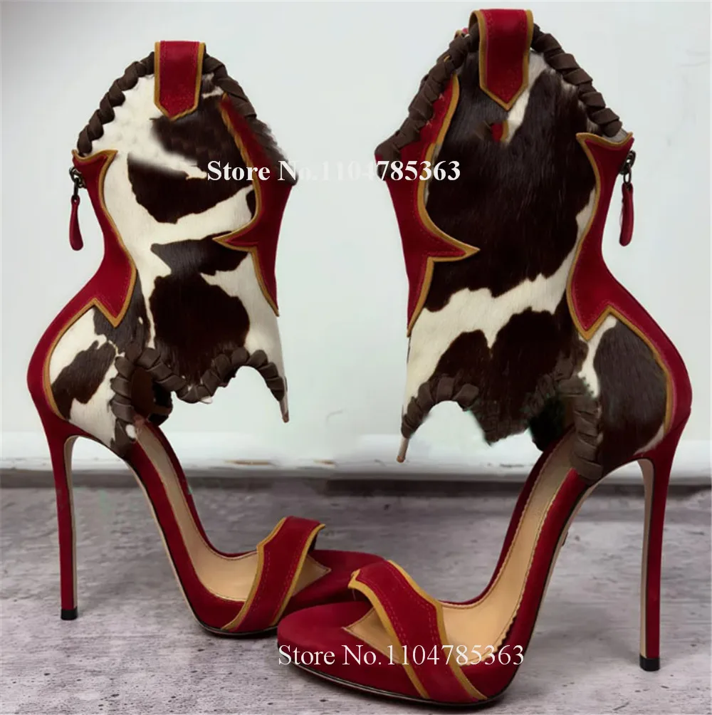 

Western Style Cut-out Stiletto Heel Patchwork Short Gladiator Boots Open Toe Red Green Suede Ankle Wrap Thin Heel Sandal Boots