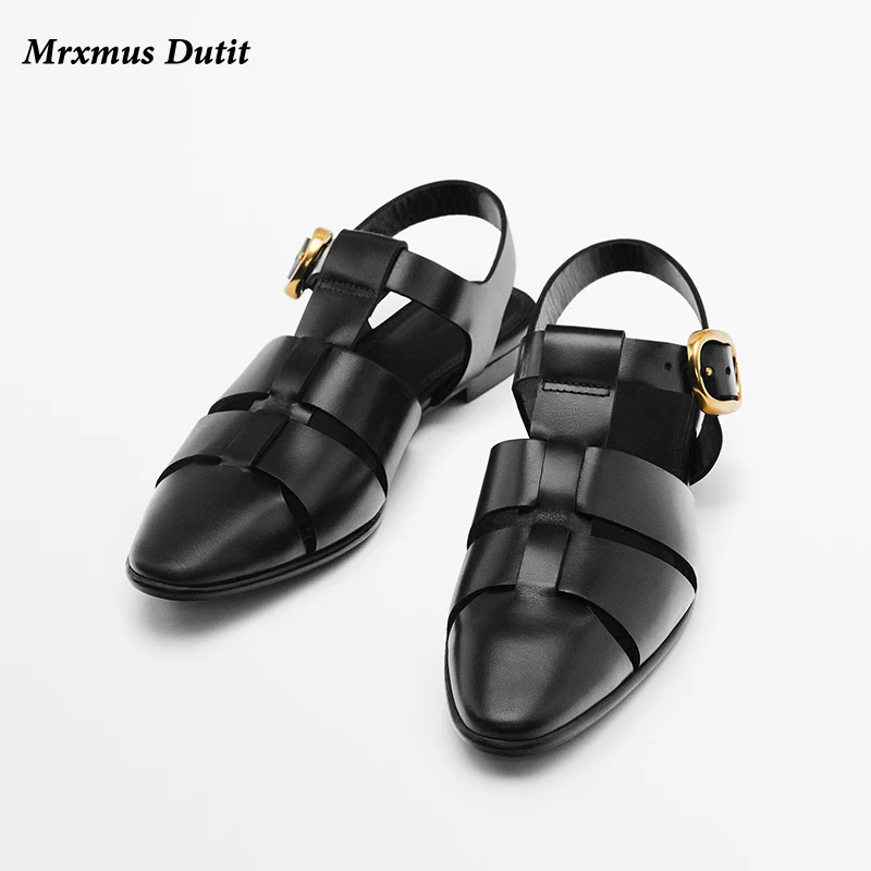 Mrxmus Dutit 2023 Summer New Fashion Women New Vintage Pointed Head Hollow Flat Sandals Versatile Simple Roman Shoes Female Chic