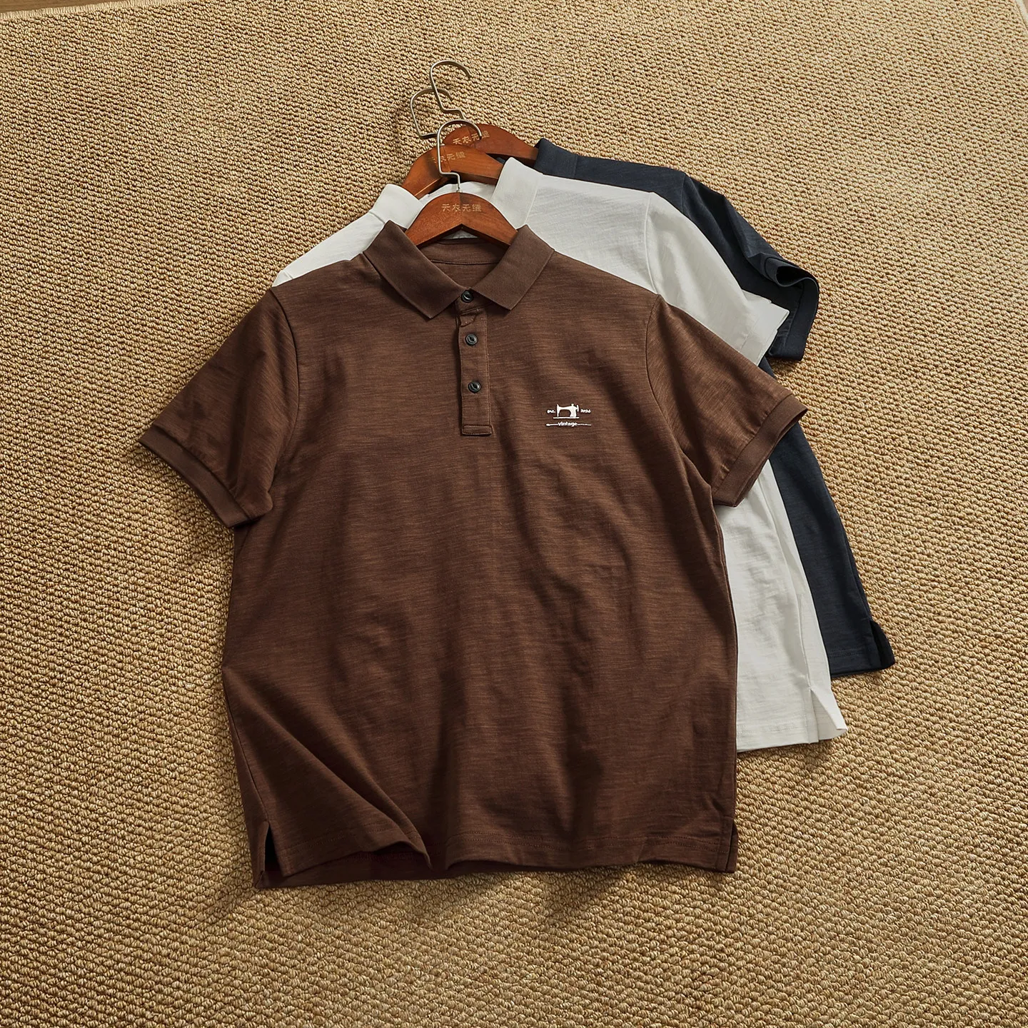 Summer American casual embroidered slub cotton Polo shirt for men with retro texture breathable lapel short sleeves
