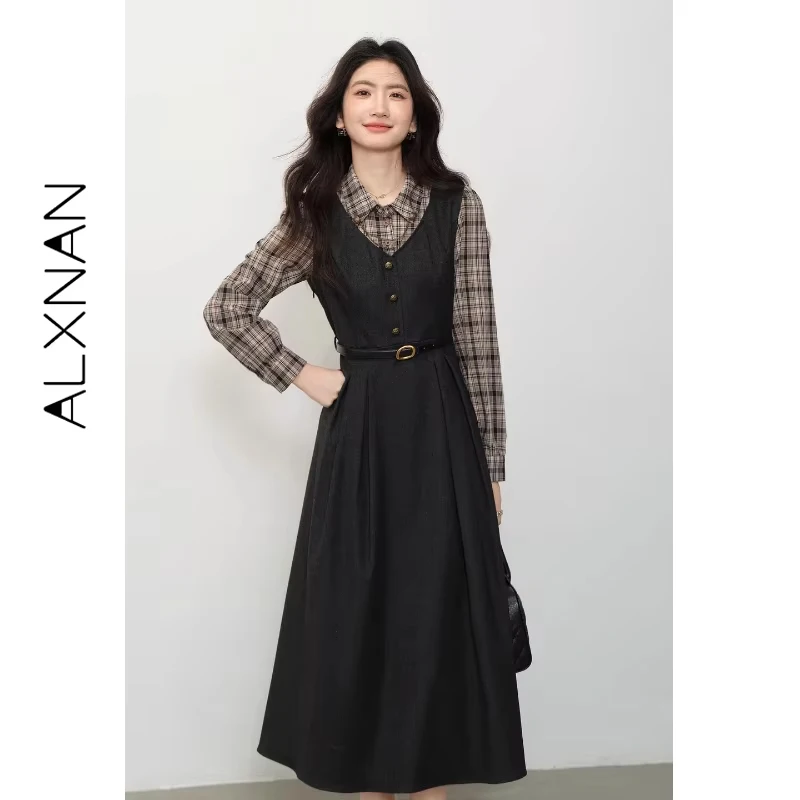 ALXNAN Langarm-Kleid, Herbst-Hemd, Patchwork, Umlegekragen, kariertes Kleid, 2025, formelles Pendeln, langes Damenkleid L57722