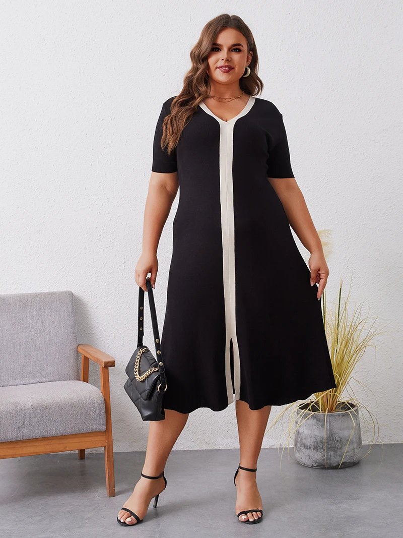 فستان نسائي قصير الأكمام محبوك ، فستان ماكسي ، أسود ، أبيض ، كوري ، أنيق ، طويل ، صيفي ، من من من الخارج