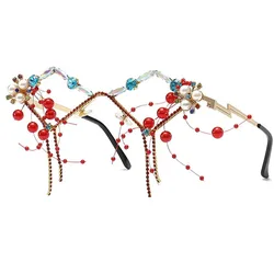 Diamond Metal Sunglasses Women Sexy No Lens Rhinestone Glasses Frame Ladies Pearl Tassel Luxury Eyewear Lunette Soleil Femme