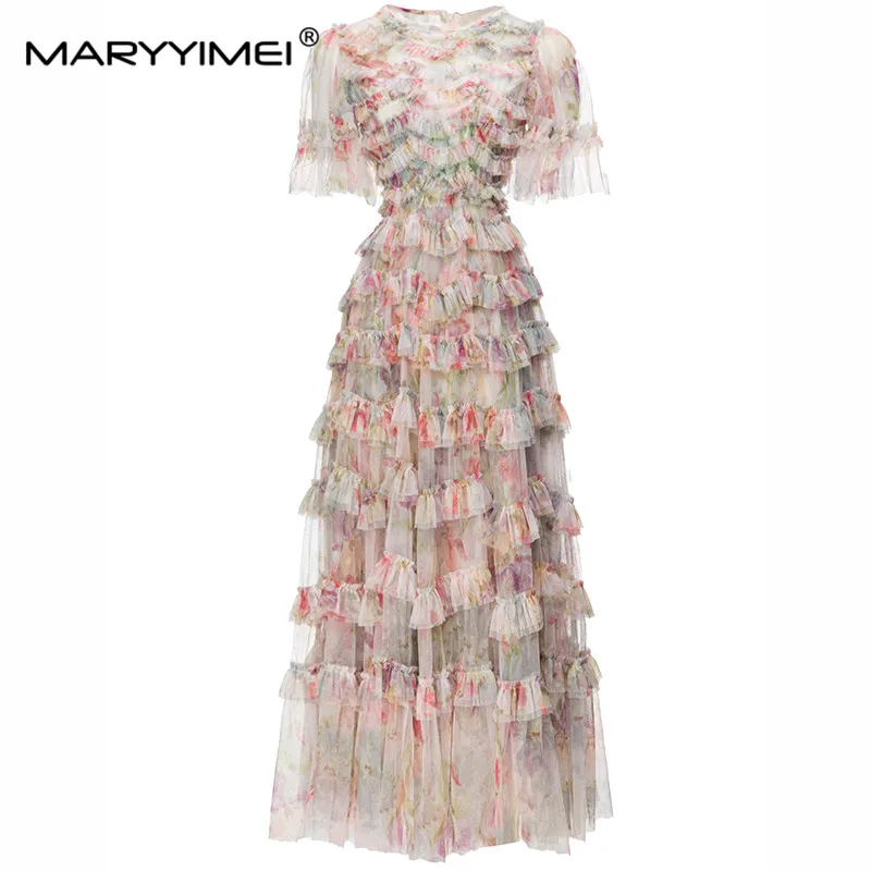 

MARYYIMEI Flare Sleeve Fashion Print Layered Ruffle Mesh dress 2023 Spring Summer New Holiday Slim Long Dresses