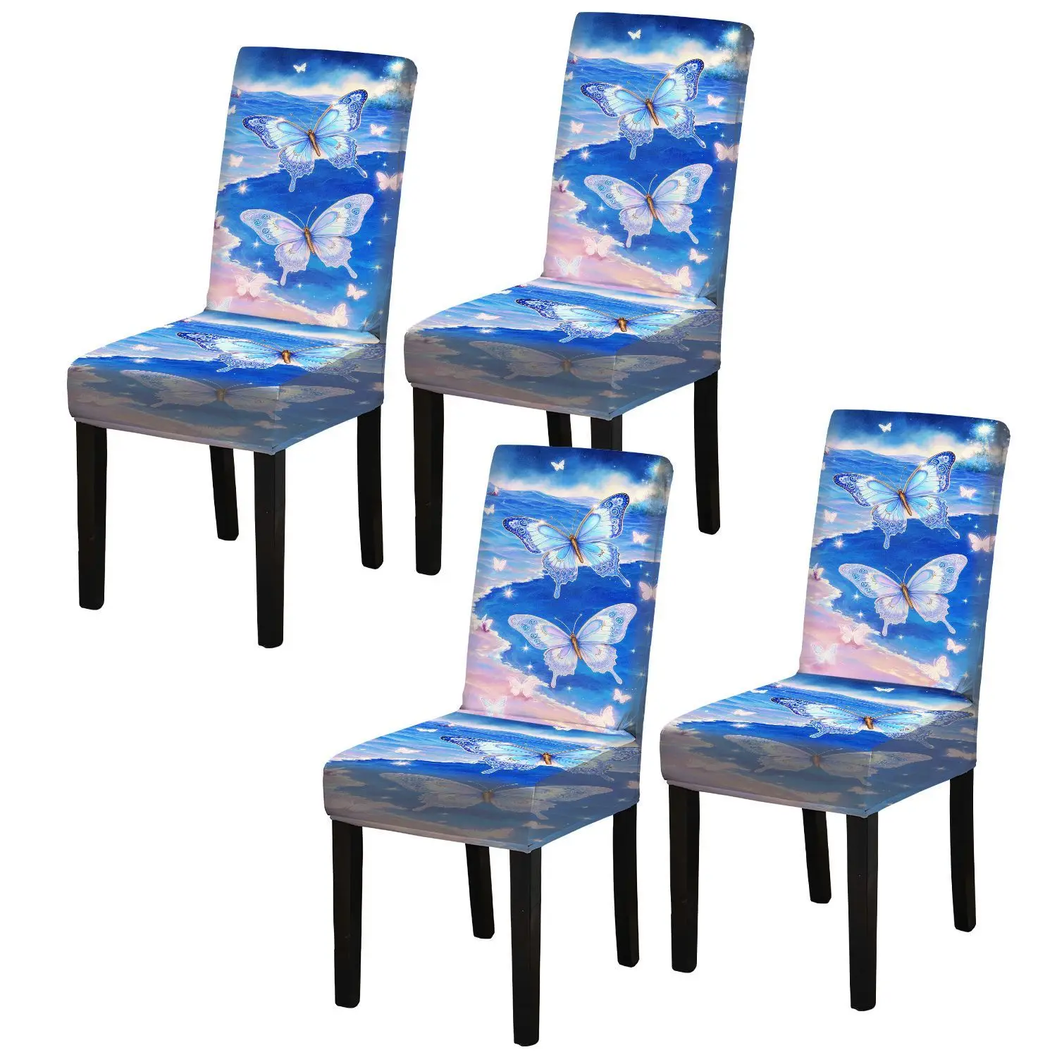 Elastic printed dining chair cover, removable and washable anti-grab dining chair cover, dream sea view butterfly pattern