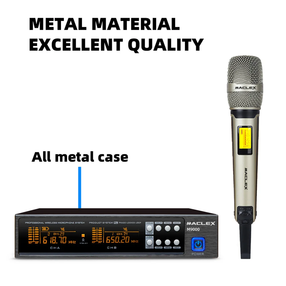 M9000 Maclex Performance Stage, UHF, larga distancia, profesional, inalámbrico, alta calidad, doble canal, Metal, Handhel micrófono SyE