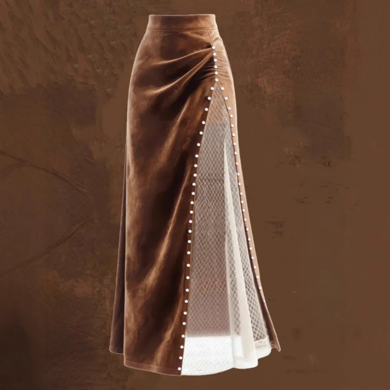 Amazon Cross-border European and American 2026 New Women's Retro Western Mesh Splicing Beaded Long Skirt Temperament Commuting