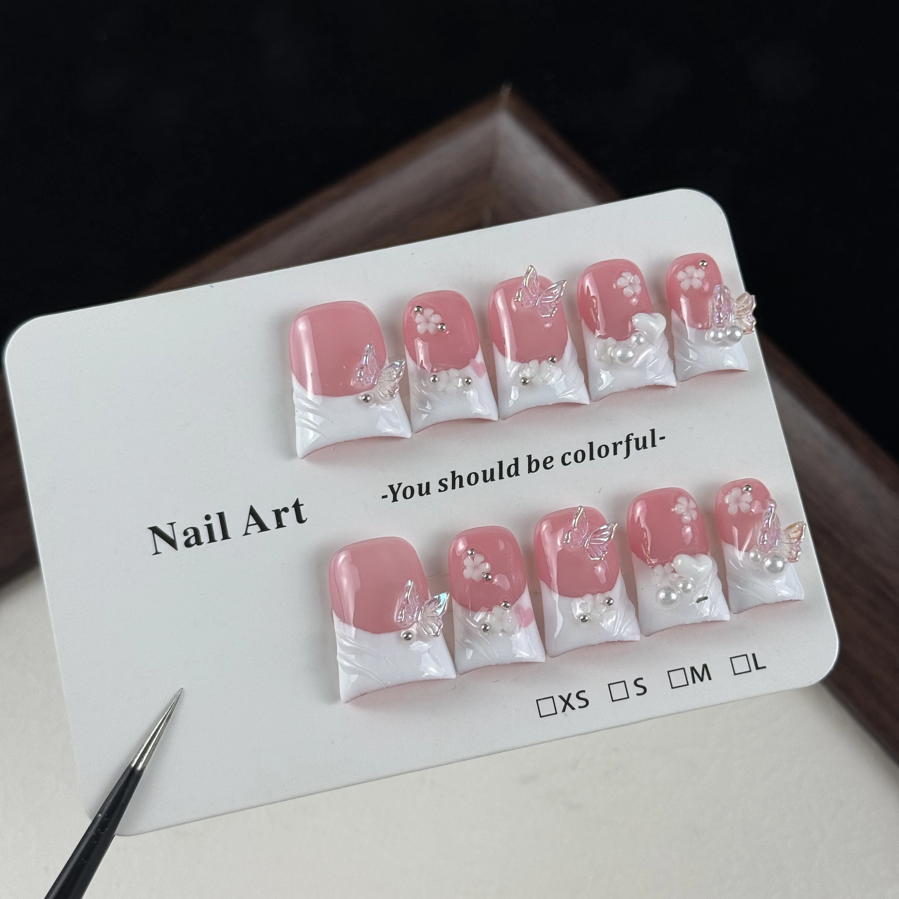 10pcs high-end Style girl version, hand-painted three-dimensional butterfly, hearts, shiny small pearls handmade fake nails