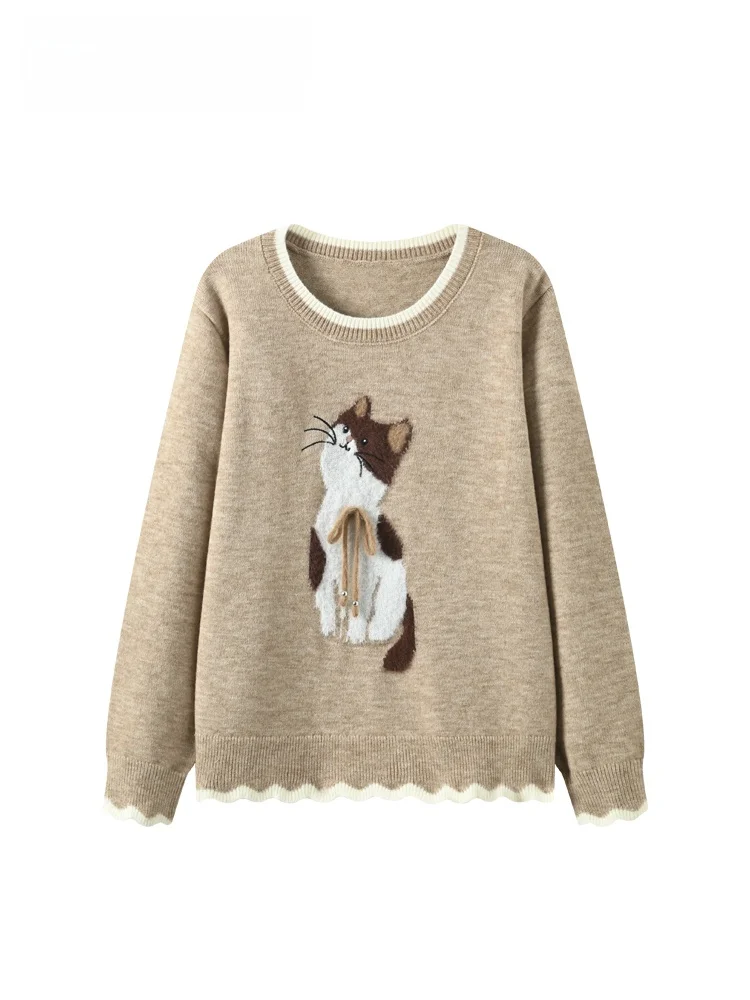 

Женский свитер больших размеров с круглым вырезом и длинными рукавами, повседневный, в милом стиле, из полиэфирного волокна, для осени и весны, модный топ