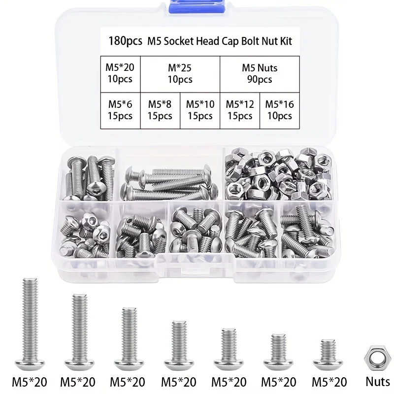 180pcs M5 Stainless Steel Hex Socket Head Bolts and Nuts Set, DIY Tool Kit
