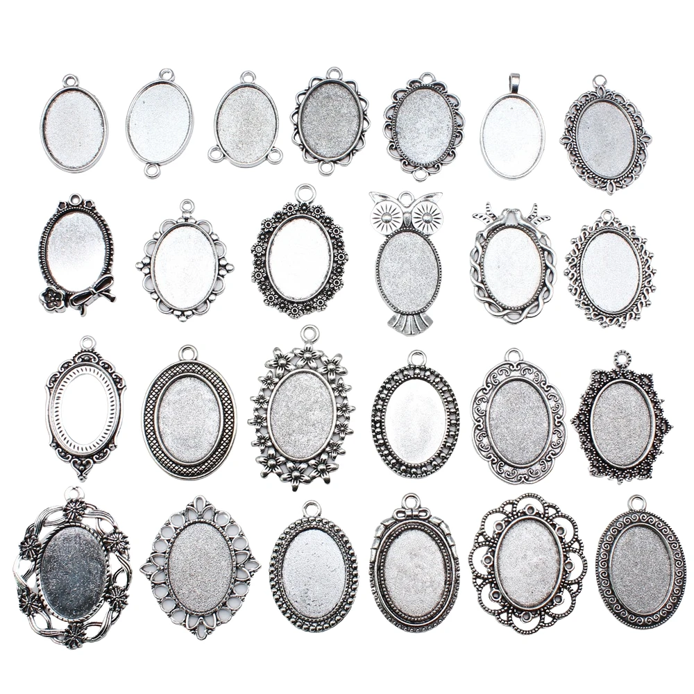 10pcs 18x25mm Inner Size Antique Silver Plated 31 Styles Cameo Cabochon Base Setting Charms Pendant Necklace Findings