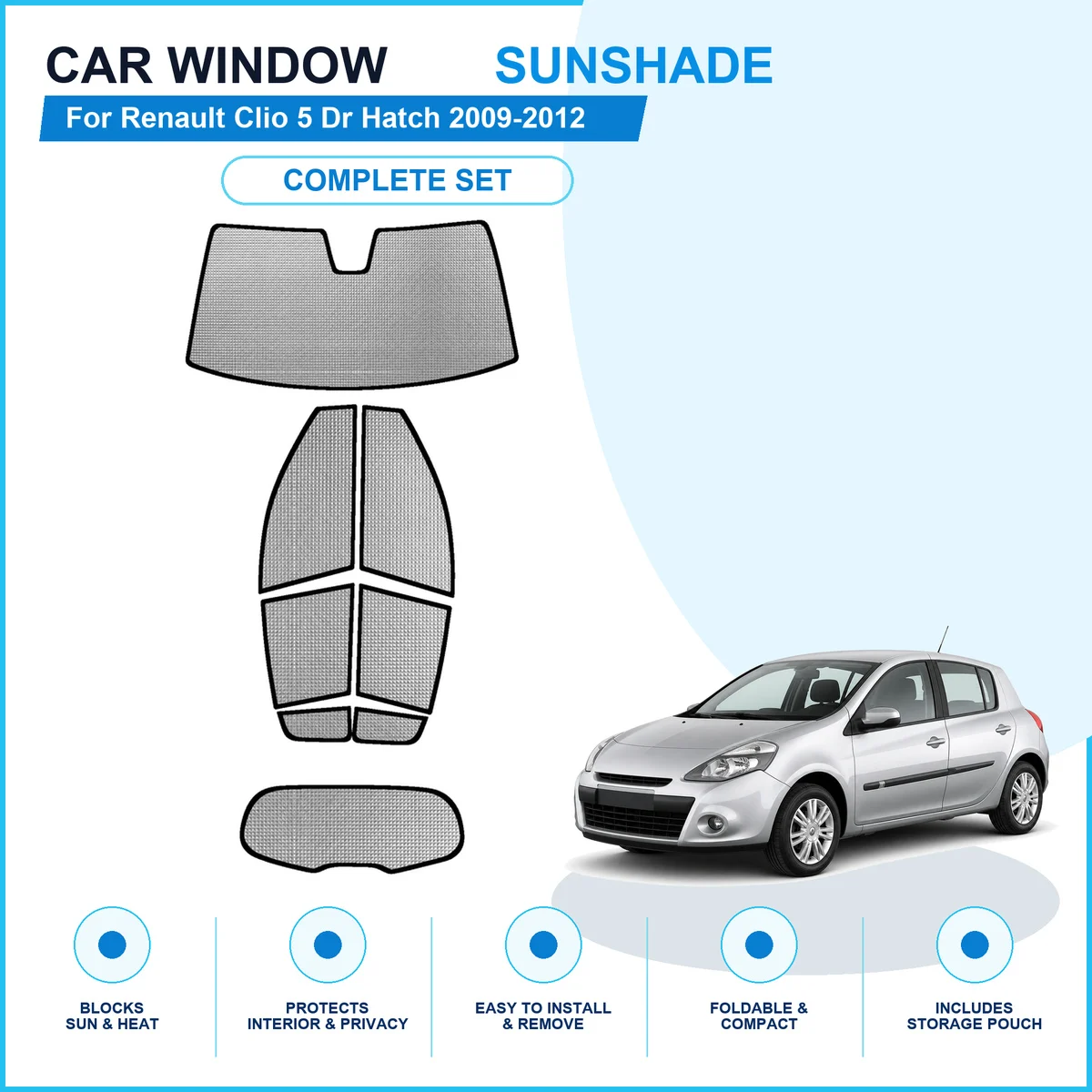 For Renault Clio 5 Dr Hatch 2009-2012 Custom Full Set Window Sunshades Aluminum Foil Suction Cup Anti UV Privacy