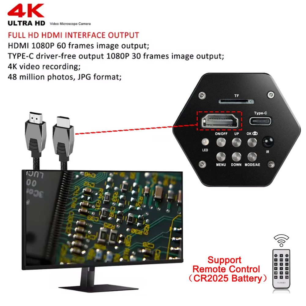 Powiększenie 215X Mikroskop cyfrowy 4K USB-C HDMI z bezpłatnym oprogramowaniem do lutowania PCB Naprawa zegarków, Mikroskop wideo do nagrywania