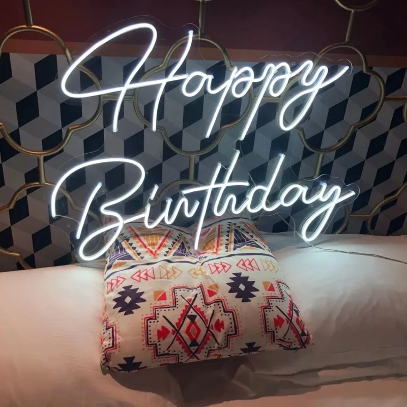 HancraStore Happy Birthday Neon Sign - Large Happy Birthday Light Up Sign Wall with 6V Power Adapter (23.6 x15.7 inches,White)