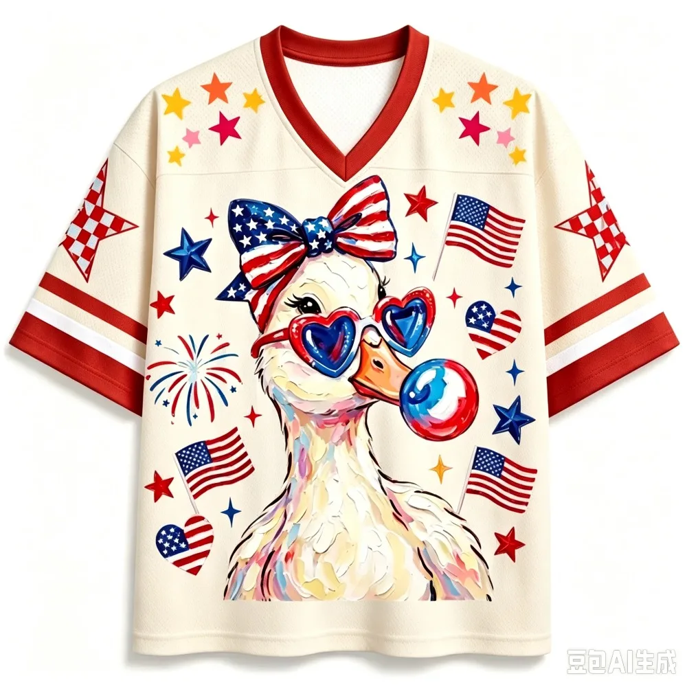 Star Flag Duck Illustration 3 D Print Quick-dry Breathable Sports Men Women Vneck Loose Tshirt Fashionable Y2K Parental Clothing view 5