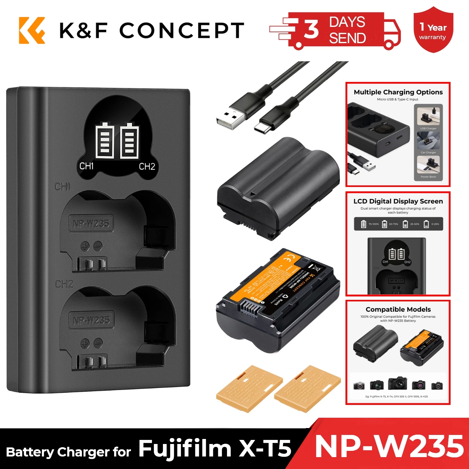 K&F Concept NP-W235 Battery Charger Set for Fujifilm XT5 2-Pack 2200mAh NPW235 Battery Dual LCD Charger for Fujifilm X-T4 Camera