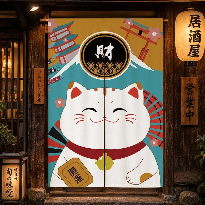 VIKAMA Japanese Noren Door Curtain Maneki Neko Lucky Cat Print Room Divider Hanging Curtain for Izakaya Shop Home Wall Decor