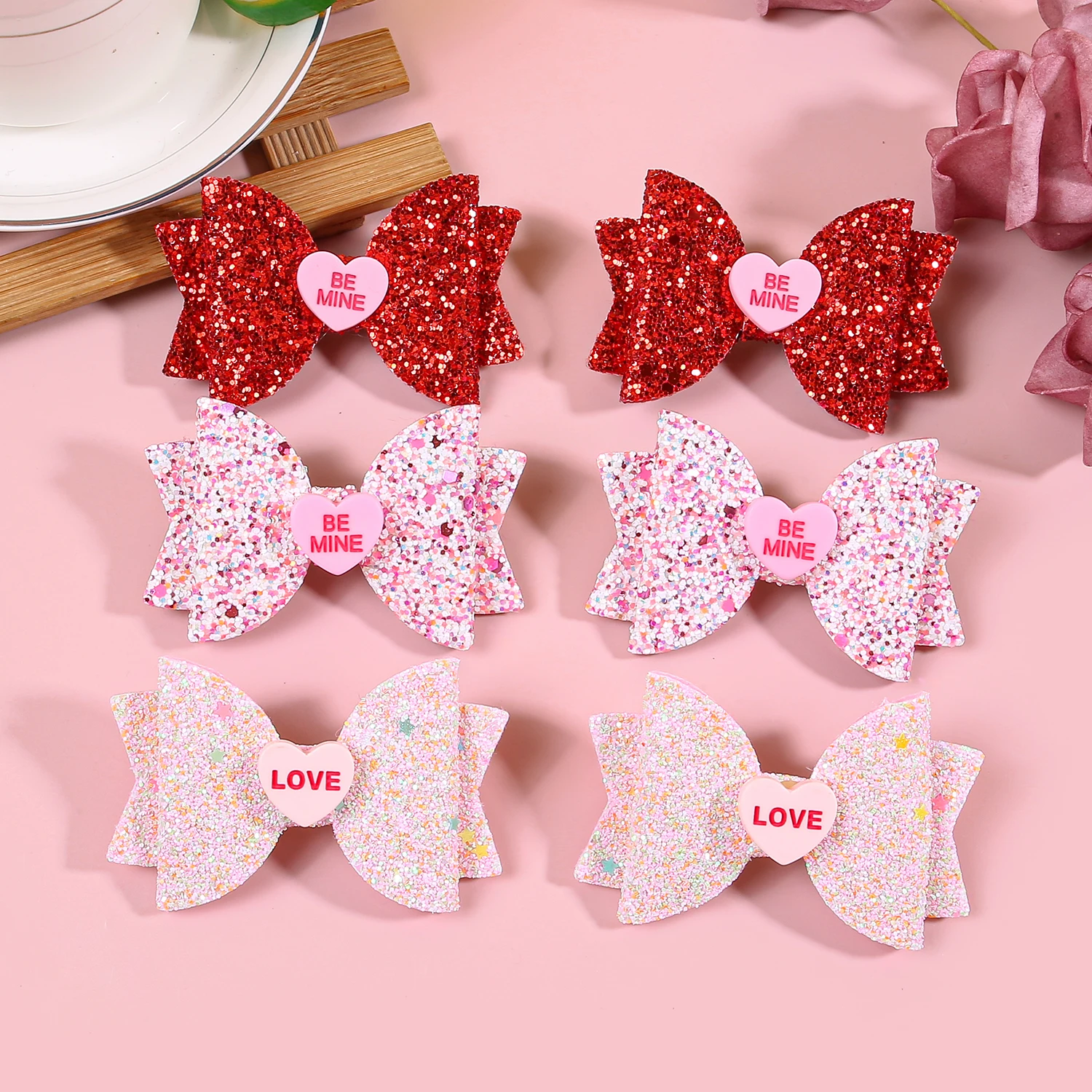 

6pcs Glitter Heart Hair Bows for Girls Valentine's Day Letter Bows Heart Hair Clips Barrettes for Kids Party Hair Accessories