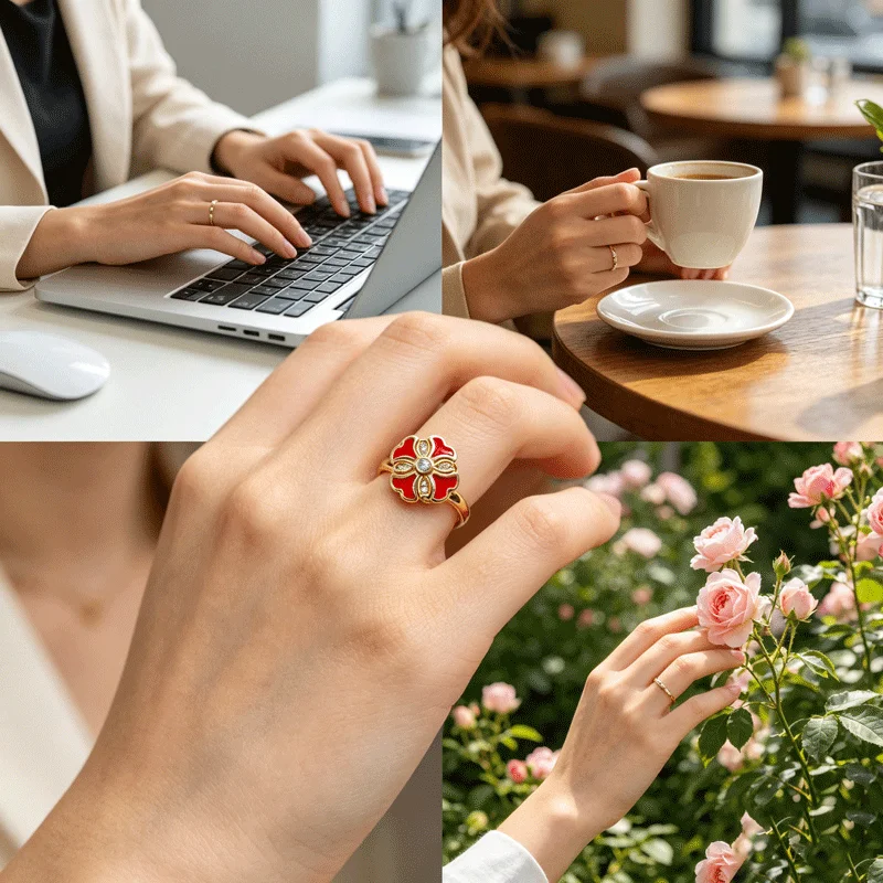 Rotatable Red Enamel Flower Ring For Women Gold Color Anti Stress Anxiety Adjustable Open Stackable Party Jewelry Gift