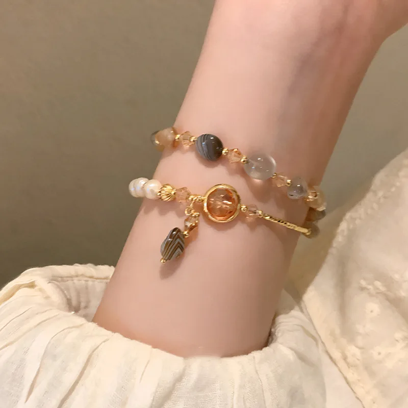 South Korea Elegant Pearl Crystal Jade Double Round Bracelet For Women Fashion Sweet Crystal Geometry Jewelry Party Gifts