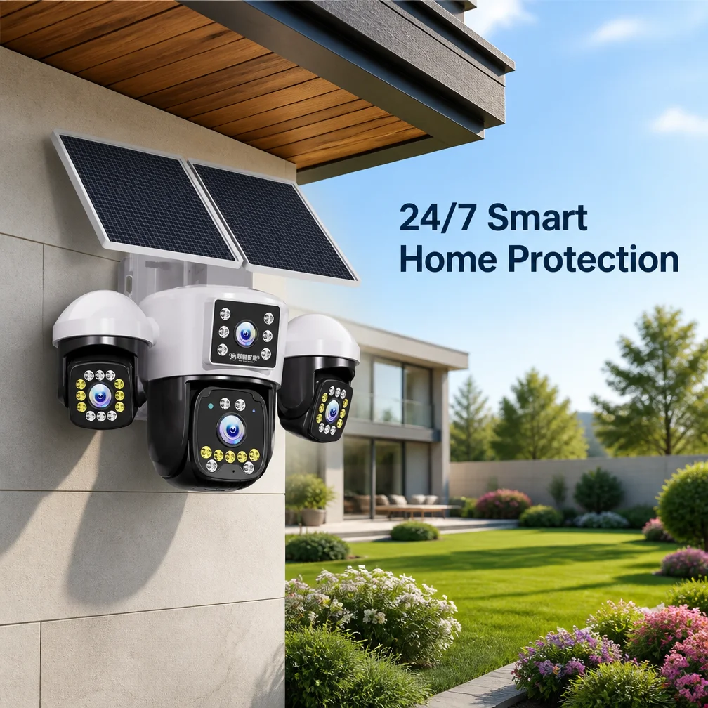 4K 12MP AOV Solar 4G LTE Security Camera Quad Lens 4-View Outdoor PTZ Monitoring Blacklight Full Color AI Tracking