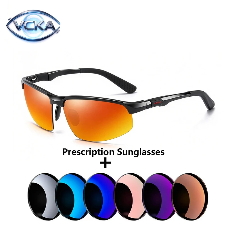 VCKA Half Frame Myopia/Reading Sunglasses Aluminum Magnesium Men Sports Drive Polarized Custom Progressive Prescription Goggles