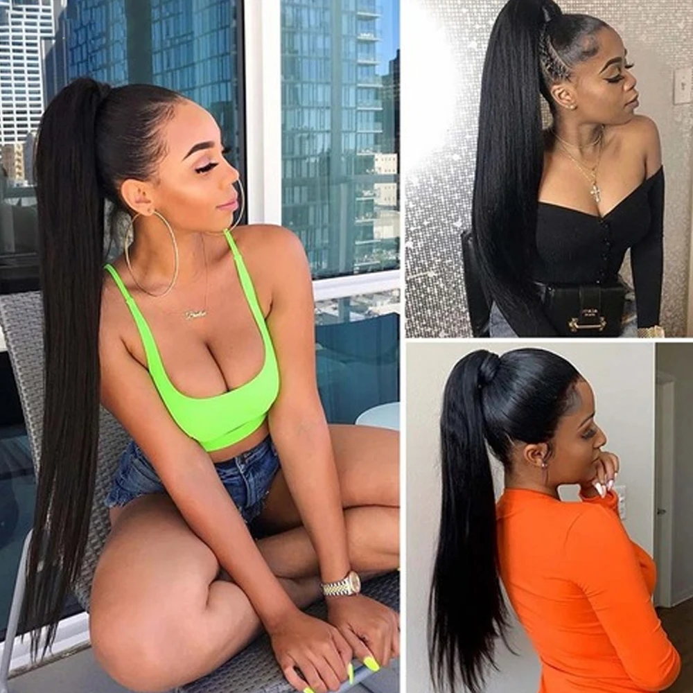 Straight Ponytail  Machine Made Magic Wrap Around Clip In Ponytail Black Remy Brazilian Human Hair Extension 10 To 32 Inches