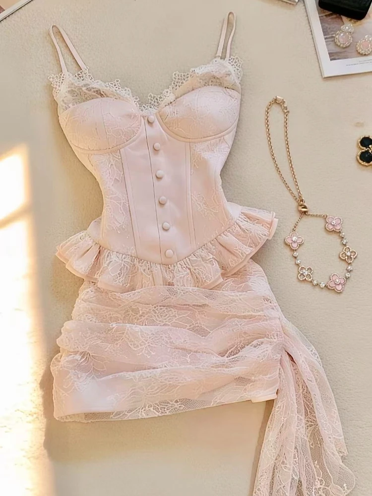 

Ins Summer Sweet Pure Desire Style Party Outfit New Sexy Camisole Top + Bodycon Skirt Suit France Elegant Two Piece Sets 2026
