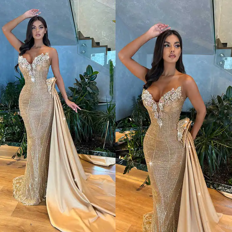 

Shiny Sequins Mermaid Evening Dresses Strapless V Neck Prom Gowns Crystals Beadeds Formal Party Customized Dresses