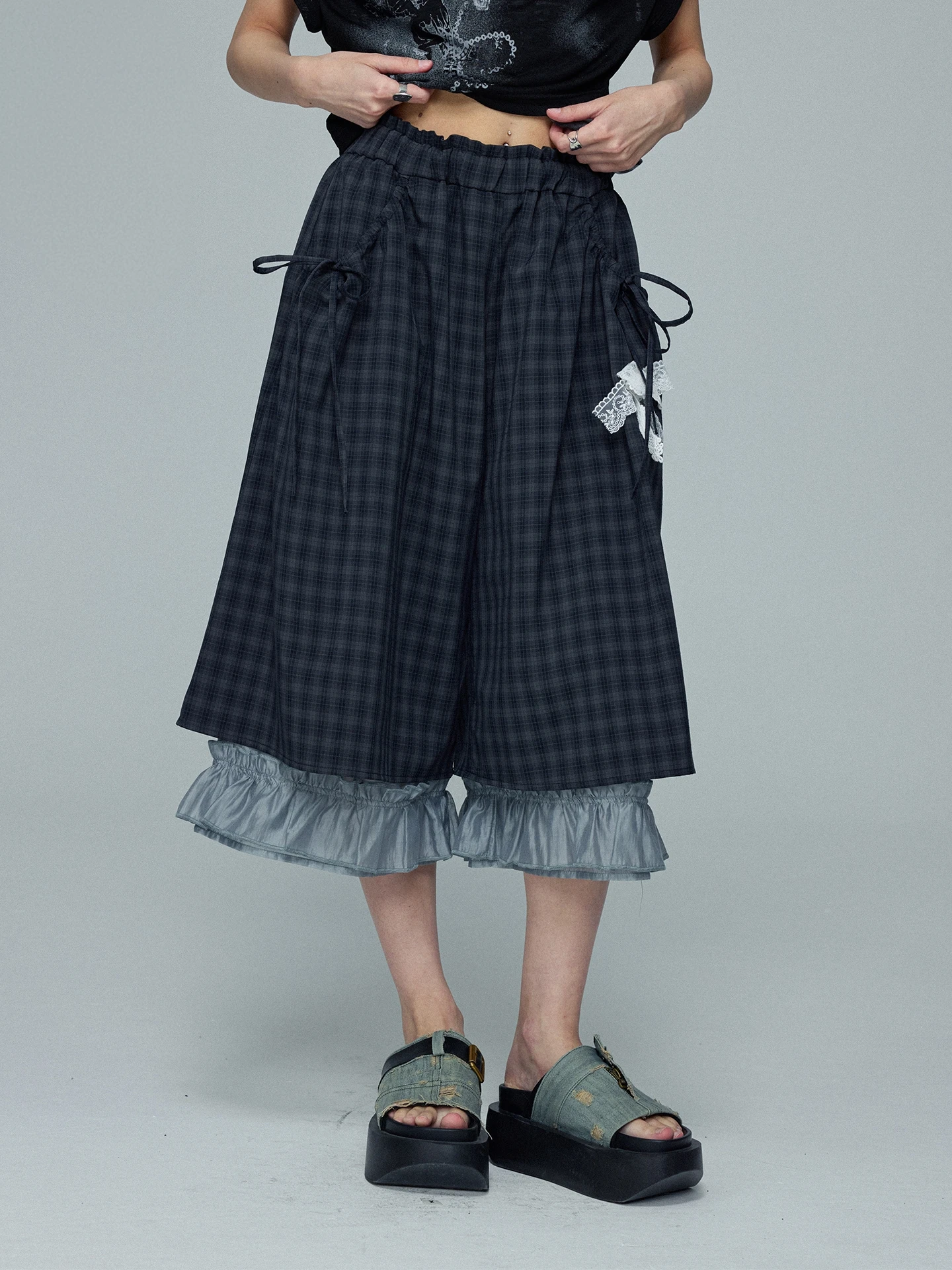 Retro Style Korean College Fashion Blue Plaid Soft Pleated Lace Women's Seven-Foot Pants Loose Fit Straight Leg Summer Casual...