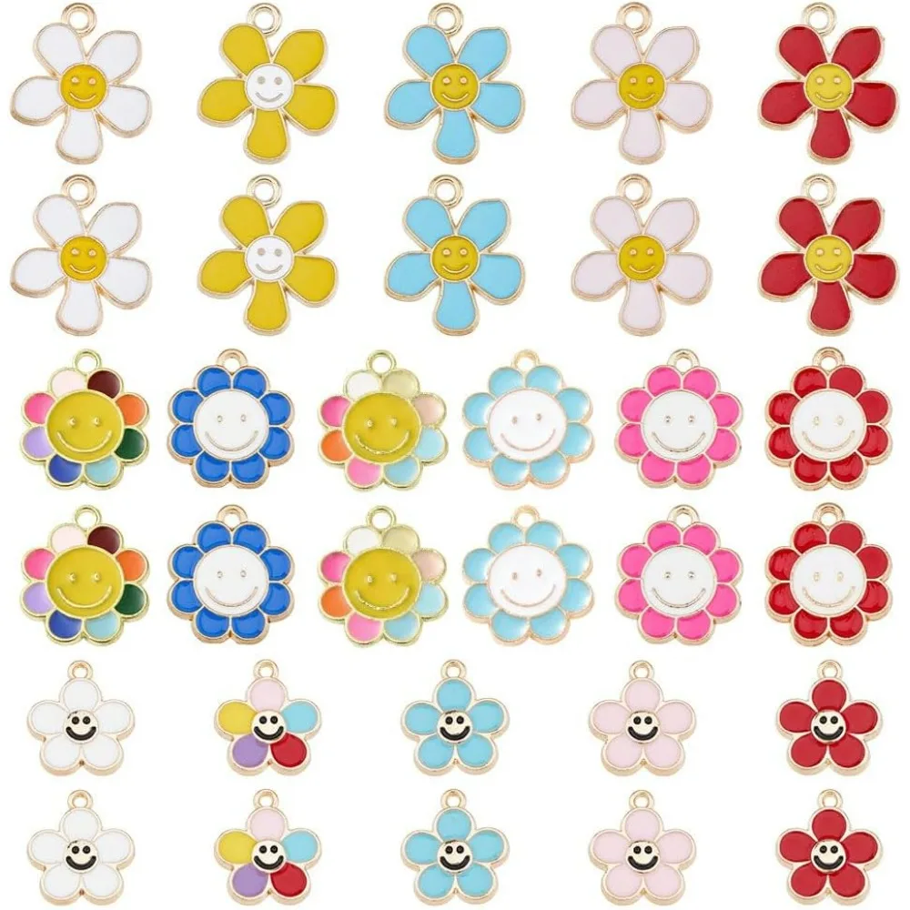 32Pcs 16 Styles Smile Face Pendants Flower with Smiling Face Charms Alloy Sunflower with Smile Face Dangle Charms Golden Happy