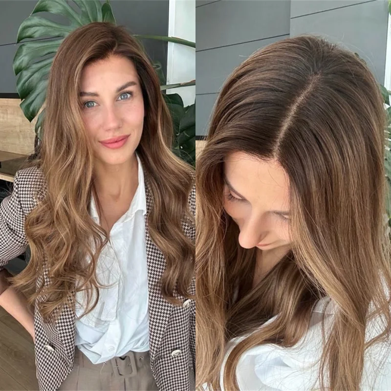 

Glueless Wigs Easy To Wear Ombre Caramel Brown Highlights Synthetic Lace Front Wig Natural Preplucked Hairline with Baby Hair