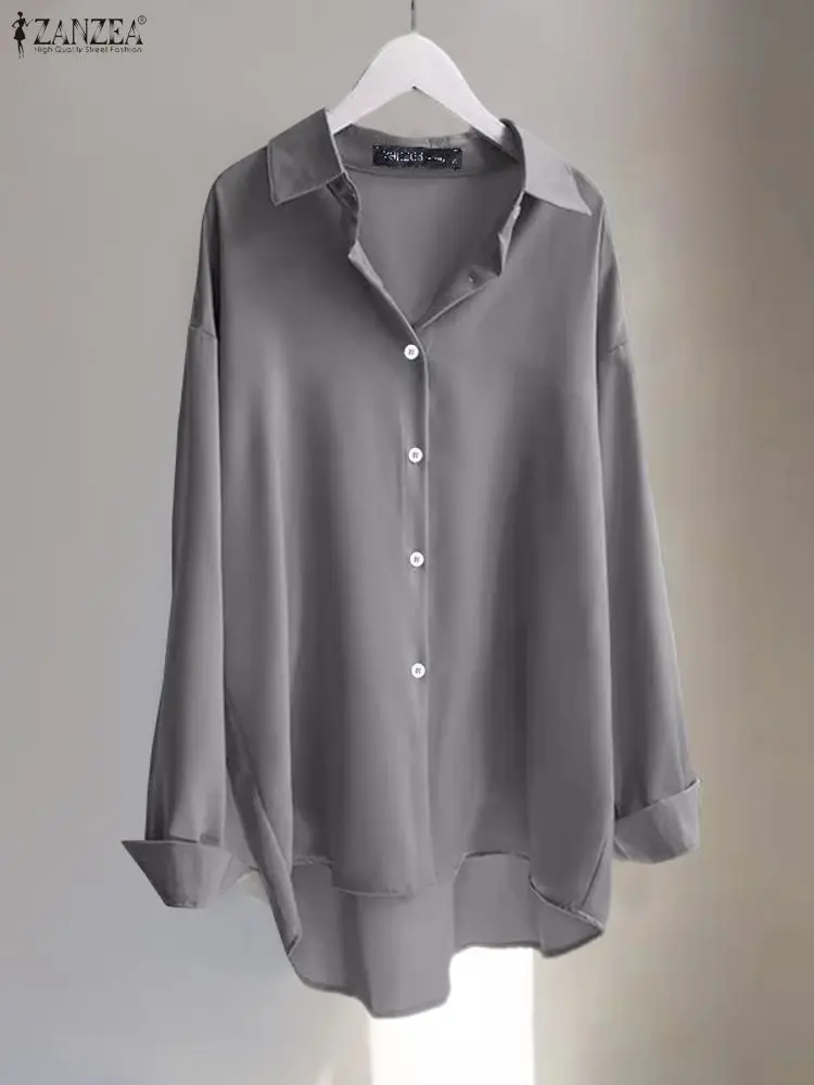ZANZEA Women Fashion Shirts Elegant Asymmetric Hem Tops 2025 Autumn Vintage Solid Blusas Casual Loose Lapel Neck Buttons Tunics