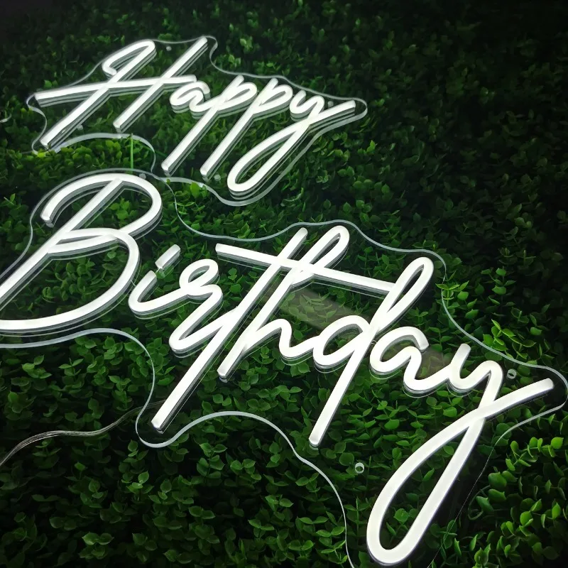 Large Happy Birthday Neon Signs LED Birthday Light Birthday Party Decorations Light Up Dimmable Switch (Cool White )5V USB