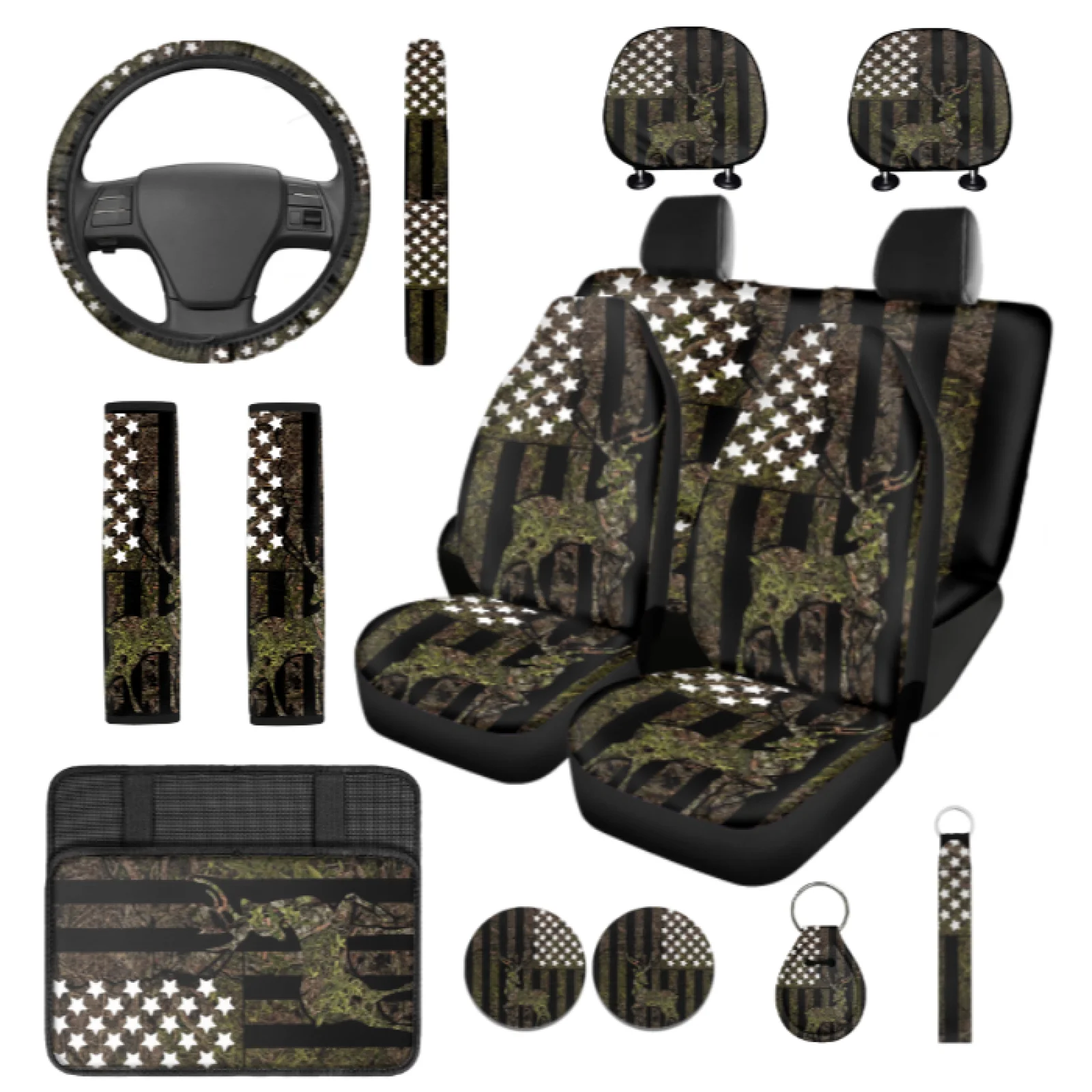Coloranimal Deer Camo 14 Pieces Automobile Seat Cover Sets with Long Lasting Auto Center Console Pad and Key Fob for Car