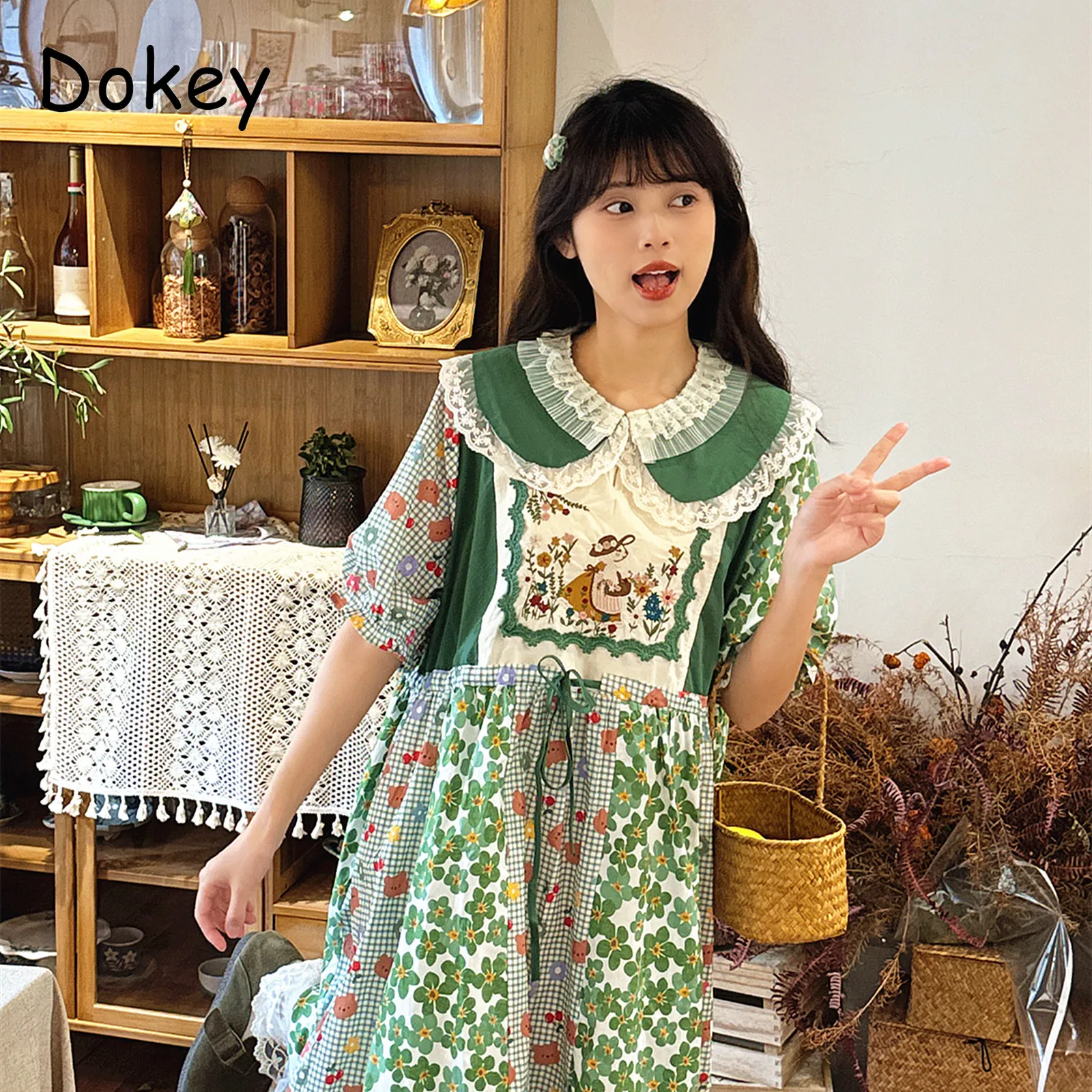 

Vintage Green Patchwork Cotton Short Sleeve Dress Women Summer Mori Girl Lace Ruffles Peter Pan Collar Kawaii Vestidos 2025 New
