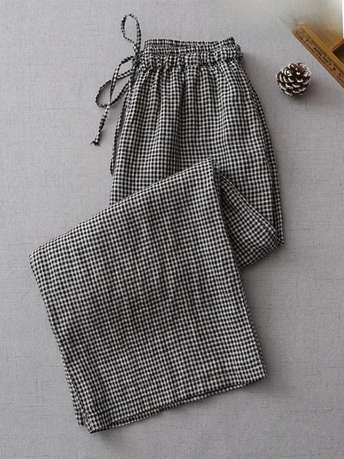 

Retro Plaid Cotton Linen Wide Leg Pants Casual Nine Points Women's Boting Trousers Spring Season Regular Thin